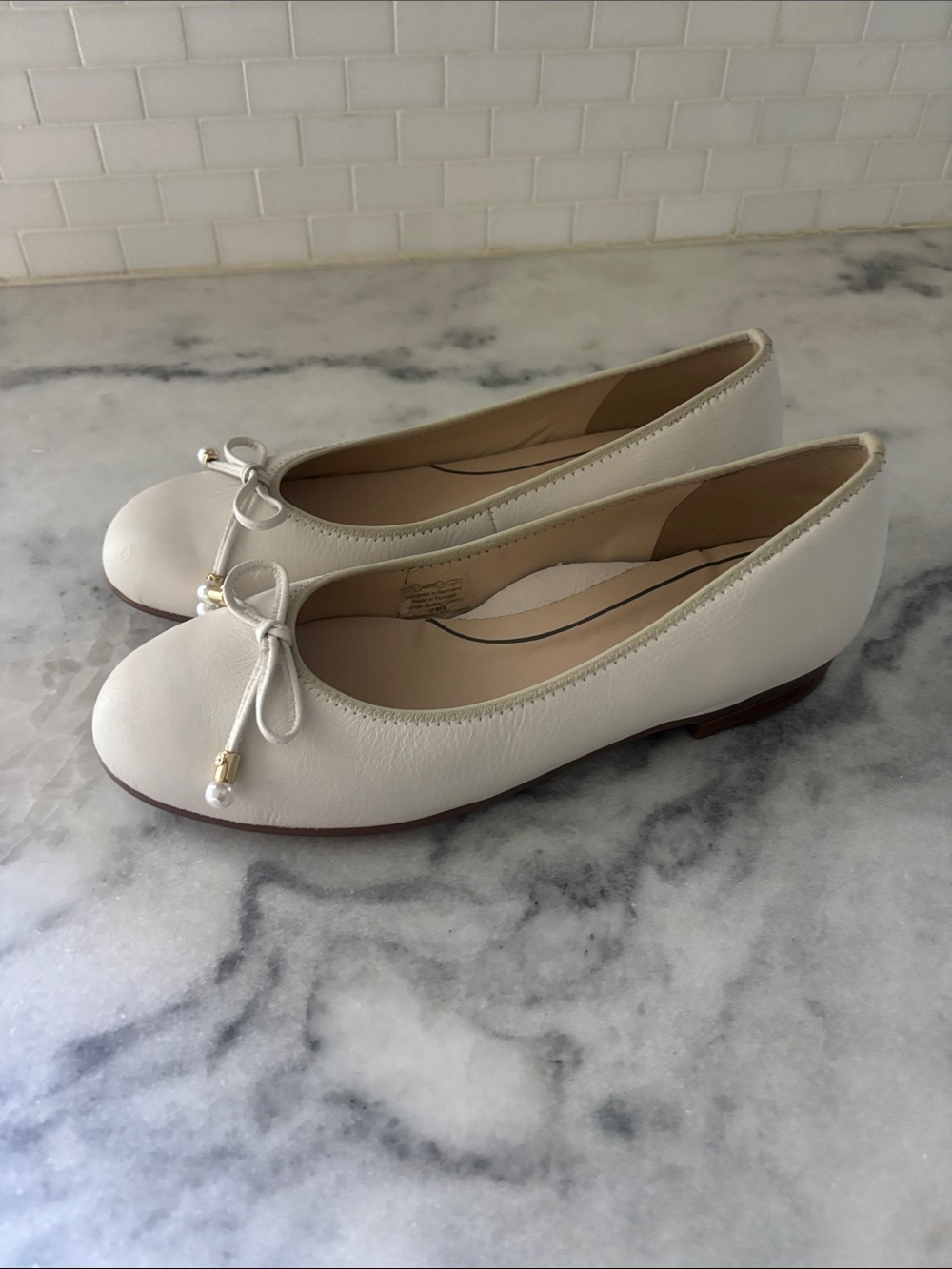 Ara Leather Ballet Flats with Bow & Pearl Accents